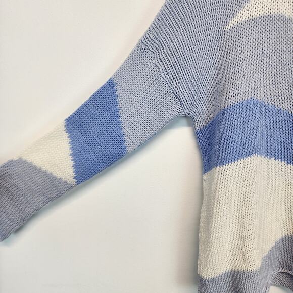 Wooden Ships Wavy Print Sweater Size S/M Blue Open Knit Nautical Coastal Chic - Picture 6 of 12